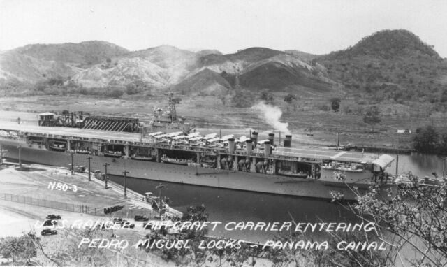 N80-3. U.S.S. Ranger Aircraft Carrier Entering Pedro Miguel Locks ~ Panama Canal