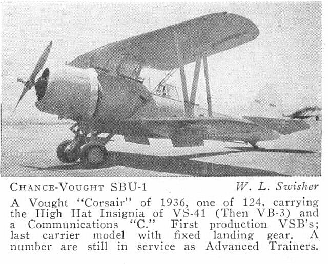 A description of the Chance-Vought SBU-1 in "The Ships and Aircraft of the U.S. Fleet" by James C. Fahey, Associate, United States Naval Institute, War Edition. Published by Ships And Aircraft, 1265 Broadway, New York City. Murray Hill 3-9181. Copyright, 1942 by James C. Fahey.